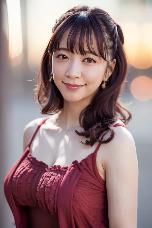 1girl, (red seamless camisole, jacket:1.6),(sleeveless, off shoulder:1.4),(RAW photo, best quality), (realistic, photo-realistic:1.4), masterpiece, an extremely delicate and beautiful, extremely detailed, 2k wallpaper, Amazing, finely detail, extremely detailed CG unity 8k wallpaper, ultra-detailed, highres, soft light, beautiful detailed girl, extremely detailed eyes and face, beautiful detailed nose, beautiful detailed eyes,(cinematic lighting:1.4),(in the city:2.4),perfect anatomy,(slender body:1.6),(close up face:2.0),(smile,friendly, warm:2.0),(looking at viewer:1.8),(japanese idol:1.8),(wavy long hair:1.8), (brown eyes:1.8),(dynamic posing:1.8), <lora:itouayasa_lora-13:0.8>