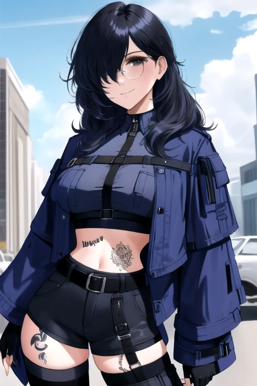 yuu, 1girl, black gloves, dark hair, black legwear, breasts, cowboy shot, (black crop top), fingerless gloves, ((circle glasses)), gloves, hair over one eye, blue jacket, single pant leg, leg belt, long sleeves, looking at viewer, midriff, mole, navel, open clothes, shirt, ((solo)), (tattoo, thigh tattoo), thigh strap, thighhighs, smirk, <lora:YUU-PC-RC2:1>, outside