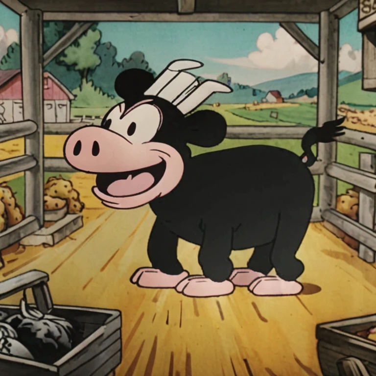 a frame from a colorful cartoon film of a pig in a farm in style steamboat willie <lora:Steamboat_Willie_Style_XL-000003>