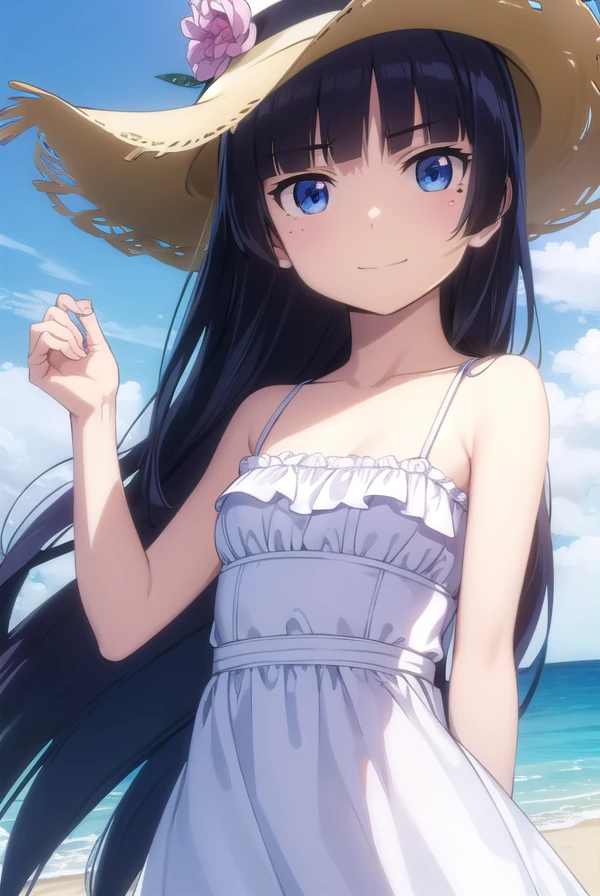 1girl, beach, , sundress, beautiful, hat, sky, smile, from below, cleavage