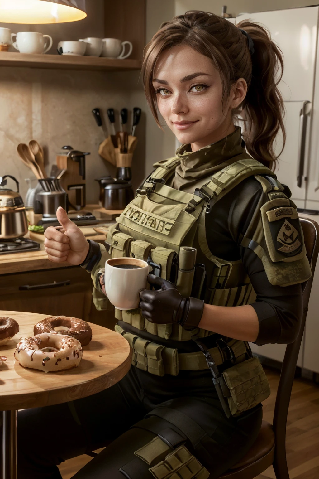 blasco, yellow eyes, brown hair, ponytail, military clothes, bulletproof vest,holsters, gloves, looking at viewer, serious,smirk, upper body shot, sitting, behind a table, inside a cozy kitchen, table full of food, donuts, holding coffee mug, soft lighting, high quality, masterpiece,<lora:blasco-08:.8>
