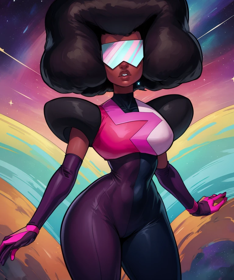 Garnet,blocky hair,afro,navel,standing,upper body,retro shades,serious,
chest plate,black and pink bodysuit,large gloves,
standing,upper body,
outer space,stars,
(insanely detailed, beautiful detailed face, masterpiece, best quality),solo,<lora:GarnetShades:0.8>,