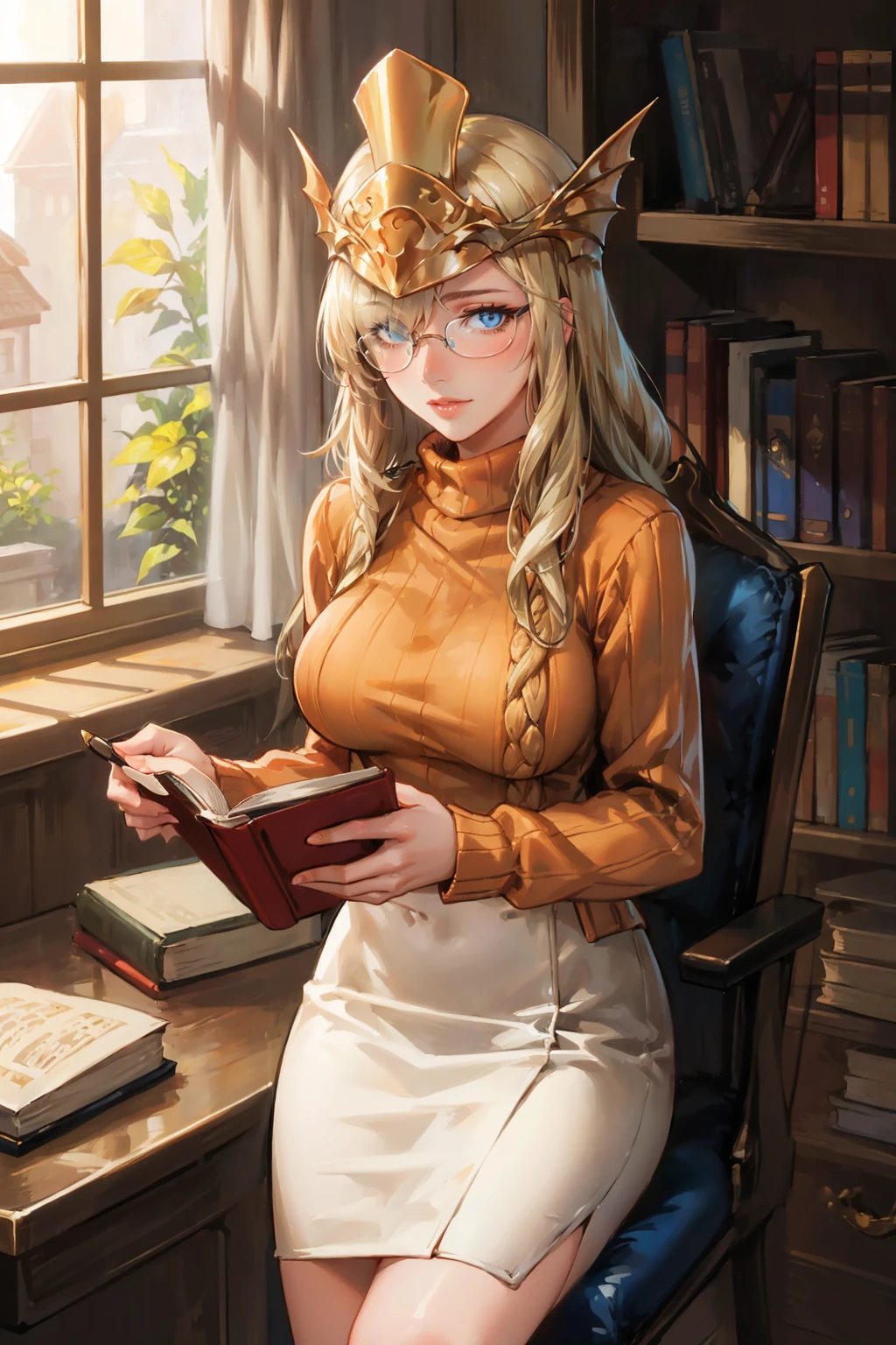 masterpiece, best quality, <lora:pheros-nvwls-v1-000009:0.8> pheros, blue eyes, blonde hair, helmet, hair over one eye, large breasts, orange sweater, cable knit, pencil skirt, glasses, bookshelf, indoors, looking at viewer, holding book