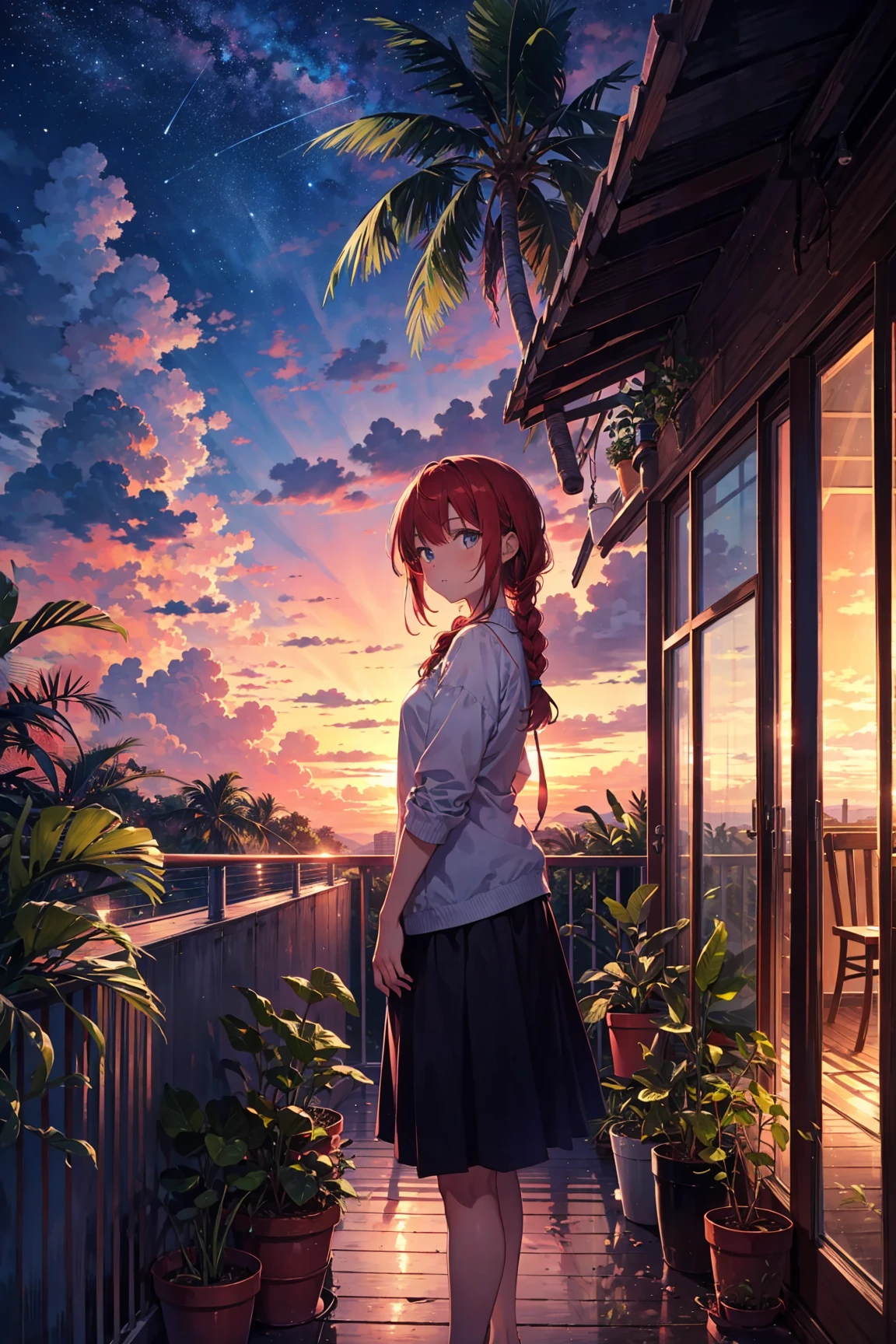 1girl, standing pose, looking at viewer, night sky, colorful sunset, clouds, cloudy, coconut tree, foliage, potted plants, treehouse, balcony, red hair, braid