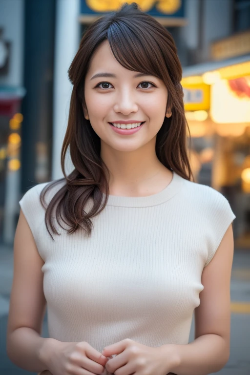 masterpiece,best quality,(Japanese ),((Beautiful girl)),cleavage,(perfect body beauty:1.2),(shy smile),beautiful teeth,(Blurred background of brick buildings),