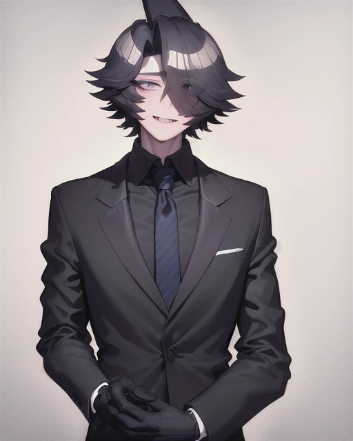 absurdres, perfect shadows and lighting, detailed bedroom background, masterpiece, high quality, detailed, extremely detailed, ambient soft lighting, 4K, (terrified)1.0, (crucifixion)1.0, boy in black unbuttoned suit, unbuttoned jacket, necktie, detaled eyes, (Dorsal fin)1.2, (detailed eyes)1.3