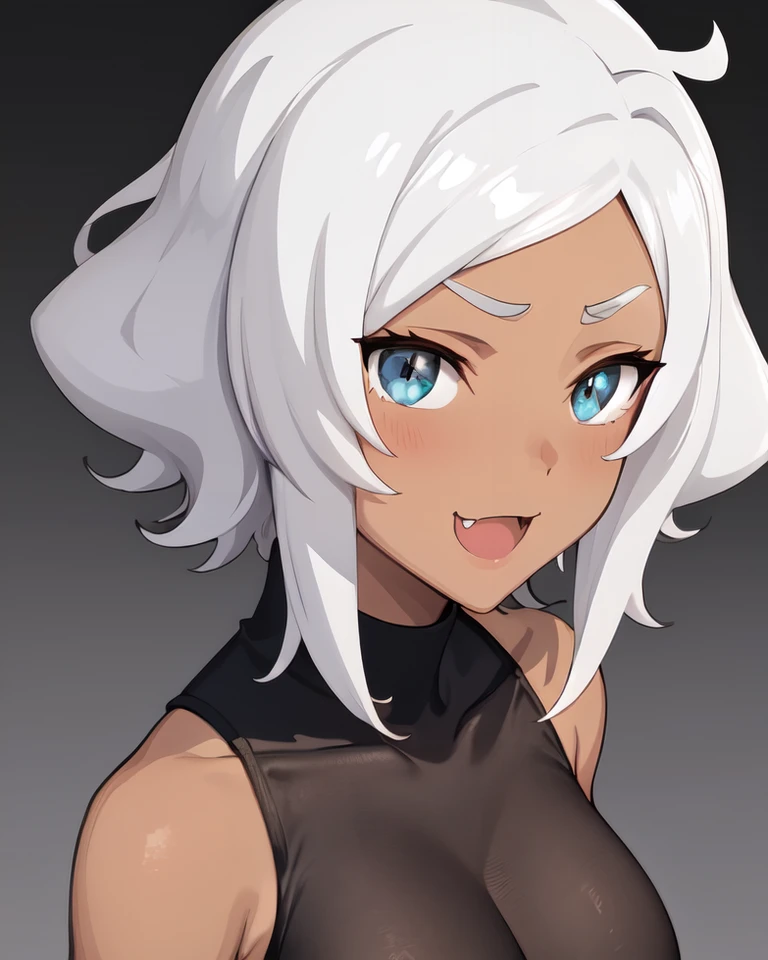 <lora:Iwao-NAI-LyCORIS-512px:0.7>
1girl, solo, portrait, dark-skinned female, short white hair, ahoge, blue eyes, \:\D, \:\3, v\-shaped_eyebrows, fang