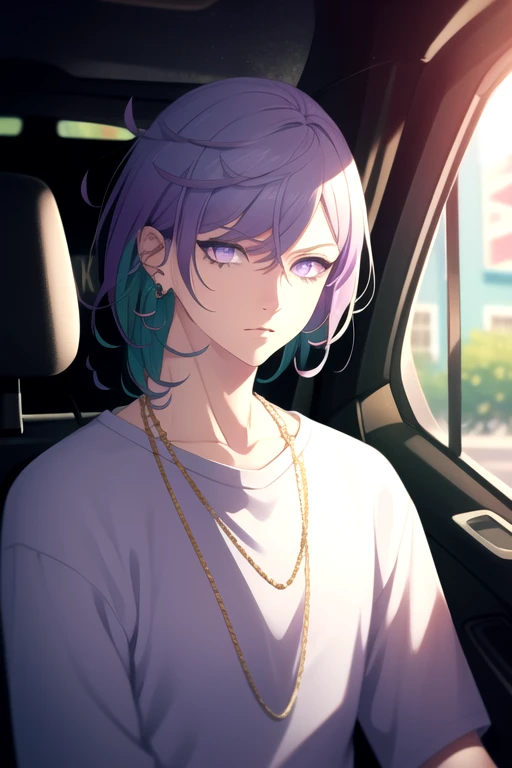 photorealistic, (4k), depth of field, (Masterpiece), (realistic skin texture), extremely detailed, intricate, hyper detailed, high resolution, professional photography, , depth of field, sharp detail, best quality, looking at viewer, 1boy, solo, male focus, <lora:kanata_yatonokami:0.82>, kanata_yatonokami, purple hair, purple eyes, multicolored hair, , short hair, , streaked hair, tattoo, , earrings, taxi driver costume, nightclub, HD