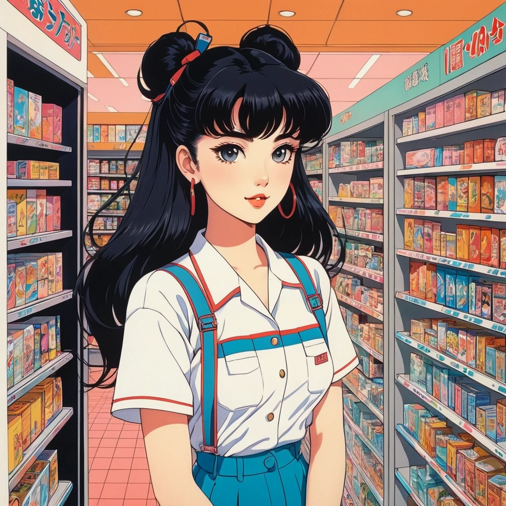 In the style of 90's vintage, anime art of a model inside a convenience store, Detailed art, Fine line art 90âs vintage anime