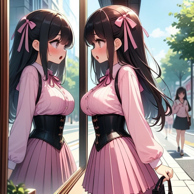 (((masterpiece))), (((best quality))), (((looking glass))), ((mirror)), from side, black longhair, ribbon, big tits, corset, ((pink pleated shirt)), button skirt, sweat, ribbon, brown longhair, suprise, open mouth, shy, blush, sidewalk, walking, <lora:girllikeshowcaseglass:1>