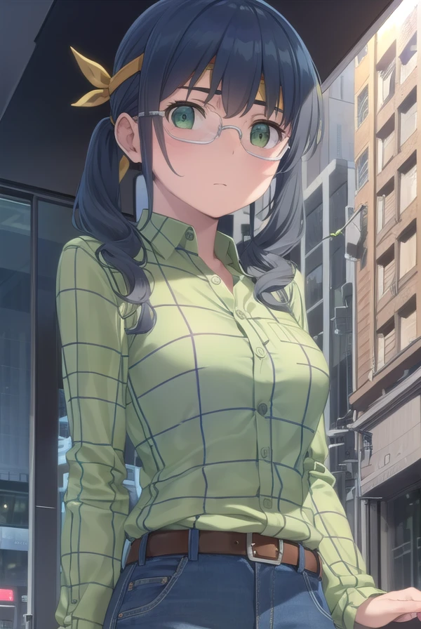 1girl,alone, chisato Hasegawa,( 4k detailed), (masterpiece), (ultra quality), (ultra detailed), (best illustration), (best shadow), (extremely detailed), (absurdities), (detailed background) , , glasses, alone, long hair, red-rimmed glasses, half-rimmed glasses, turtleneck, smile, under-rimmed glasses, black hair, bare shoulders, brown hair, antenna hair, sleeveless turtleneck, big beasts, full body, green eyes, green sweater, looking at viewer, head on, focus on breasts, pov (front view), innocent smile, blush, outdoors, night, sexy body, sexy posture, perfect anatomy, perfect hands