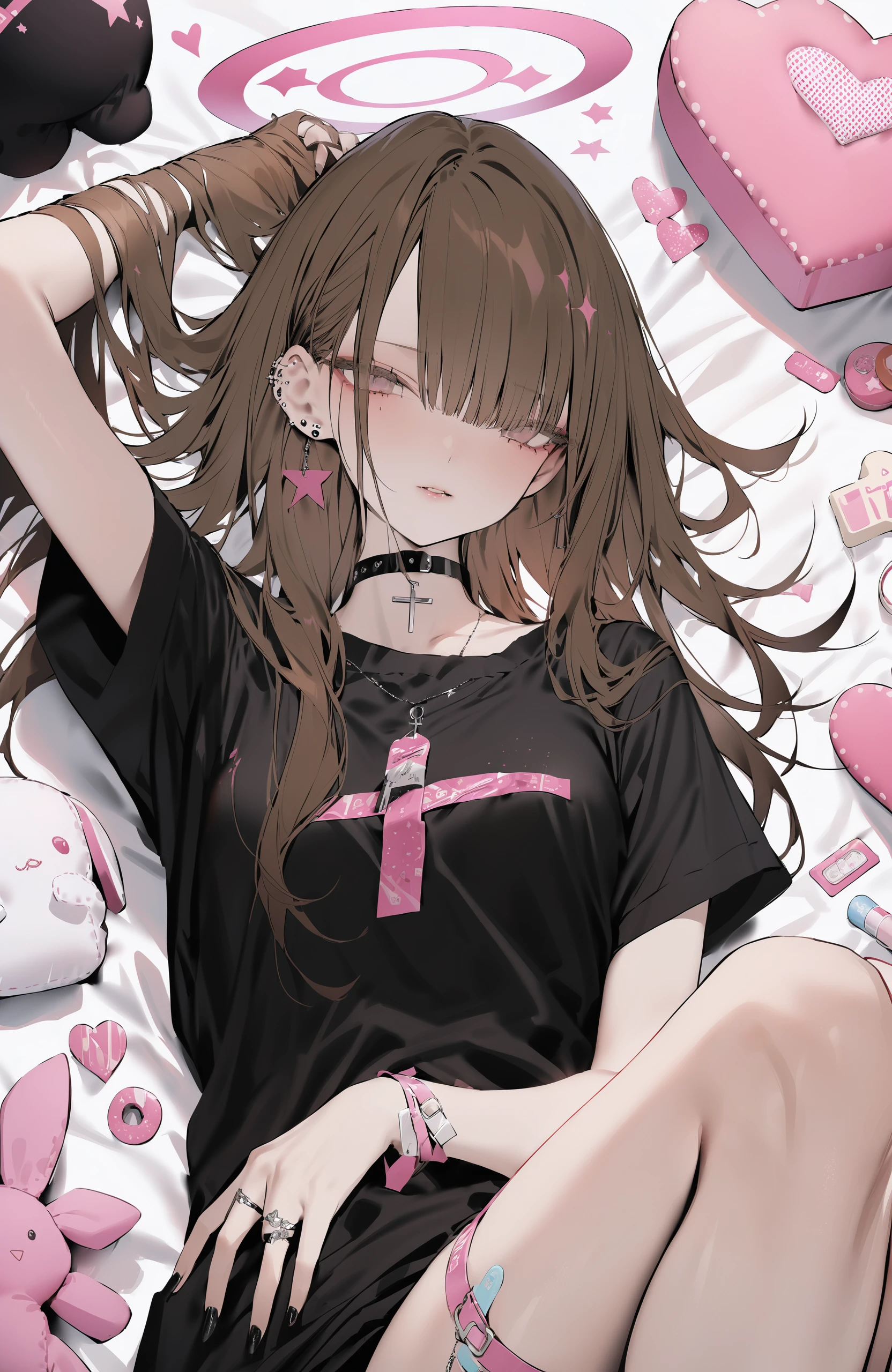 masterpiece, best quality,solo, 1girl, jewelry, long hair, ear piercing, black nails, stuffed toy, stuffed animal, looking at viewer, earrings, stuffed bunny, ring, choker, short sleeves, heart, brown hair, on back, lying, bracelet, shirt, nail polish, bangs, piercing, bandaid, star \(symbol\), halo, black shirt, parted lips, cross, pink ribbon, black choker
////////, <lora:kotrou020kohakuY128DIM-000082:1>