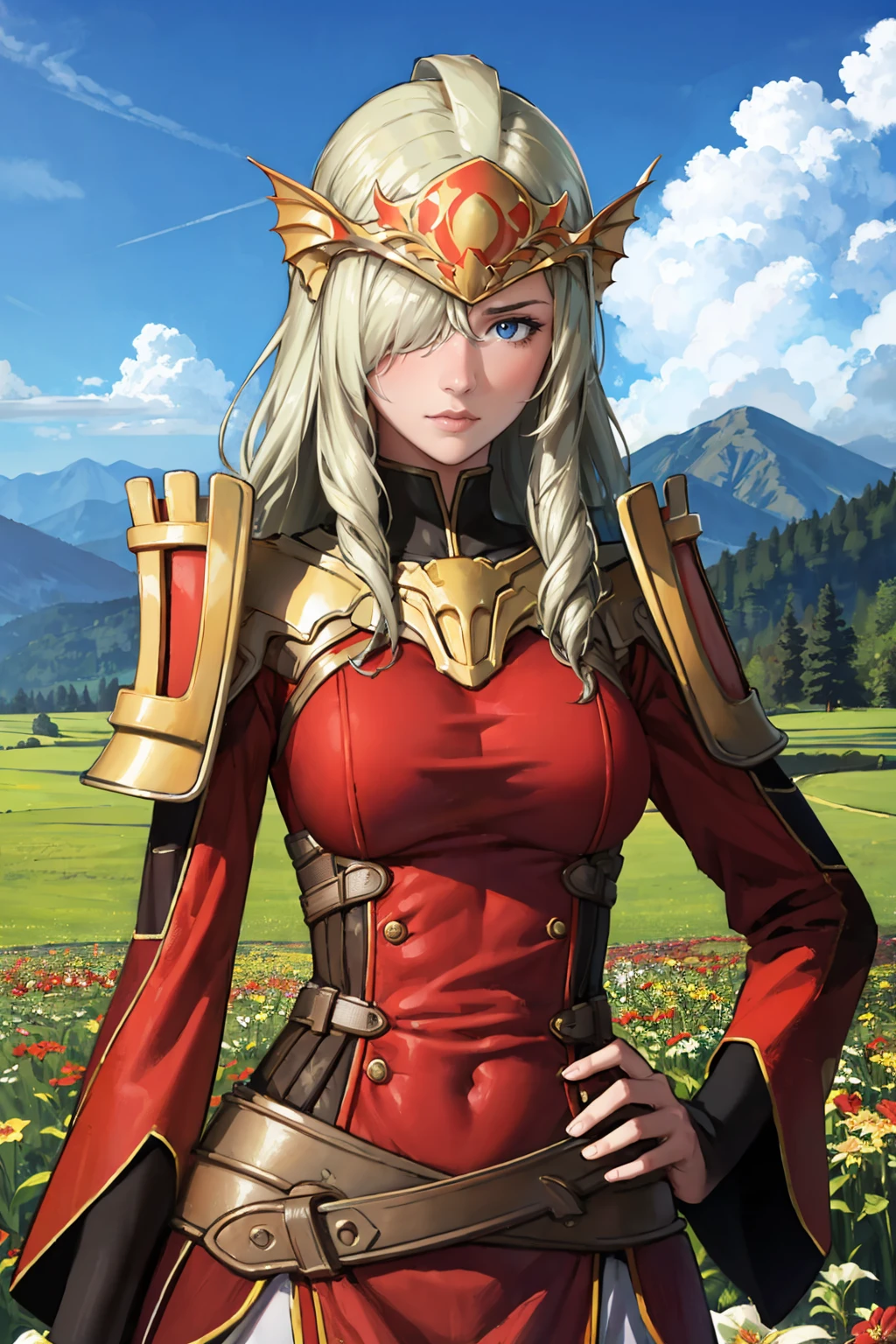 masterpiece, best quality,  <lora:pheros-nvwls-v1-000009:0.8> pheros, helmet, hair over one eye, shoulder armor, red dress, looking at viewer, furrowed brow, upper body, sky, clouds, field, mountains, rock formations, hand on hip, large breasts