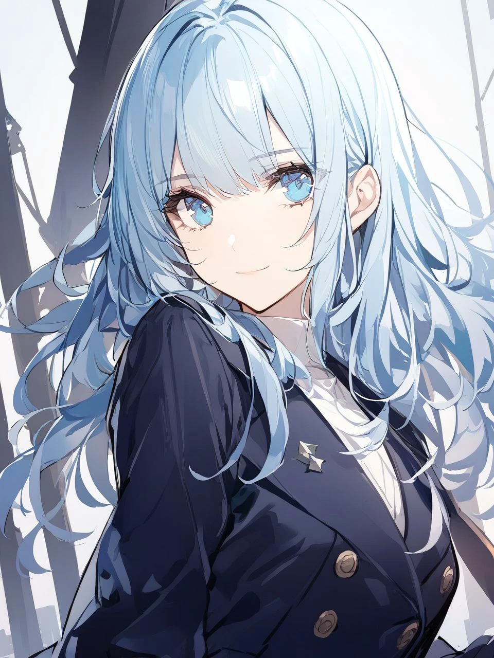 1girl, looking at viewer, light smile, light blue hair, blue eyes, dark blue peacoat, day <lora:kincora_XL_style_v01.10.02:1>