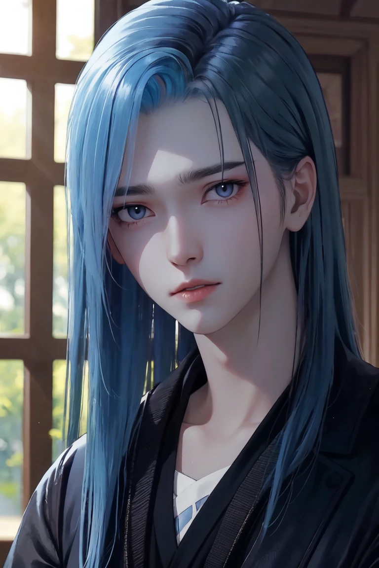masterpiece, best quality, highres, ultra-detailed, 1boy, light blue hair, grey eyes, looking at the viewer, shiny lips, <lora:flawlessHusbandoSkin:0.6>