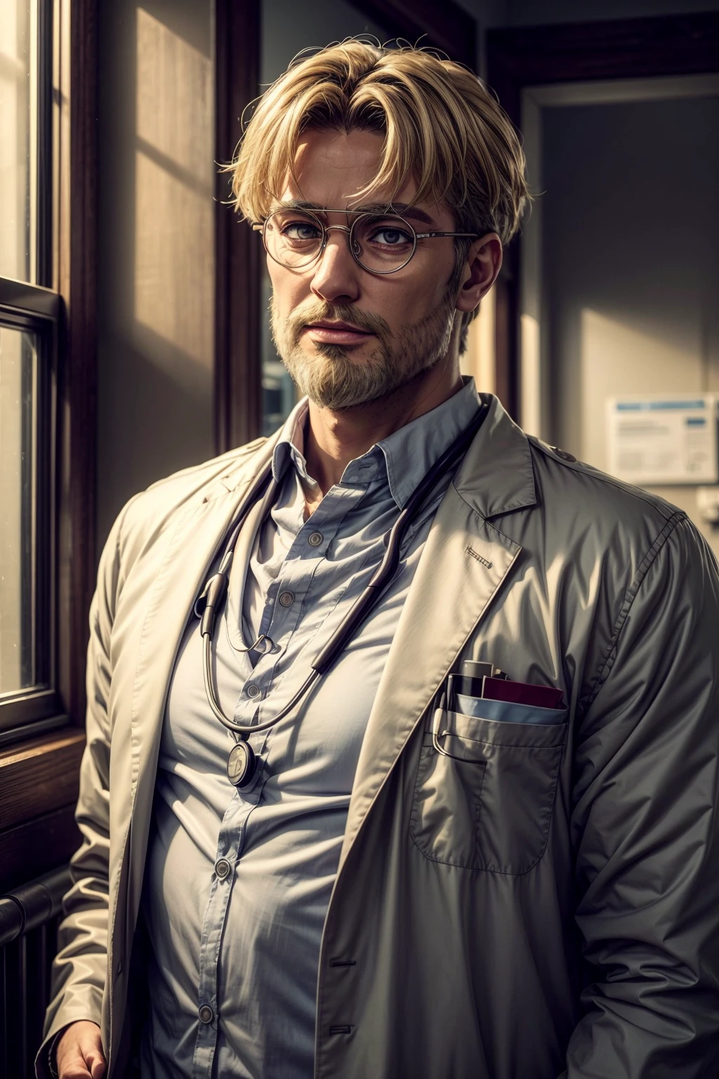 zeke jaeger,  glasses,  beard,  smug,  doctor coat,  shirt,  beard,  handsome,  large shoulders,  hospital,  looking at you,  wearing stethoscope,  daylight,  closeup,<lora:EMS-93-EMS:1.000000>,<lora:EMS-266012-EMS:0.600000>