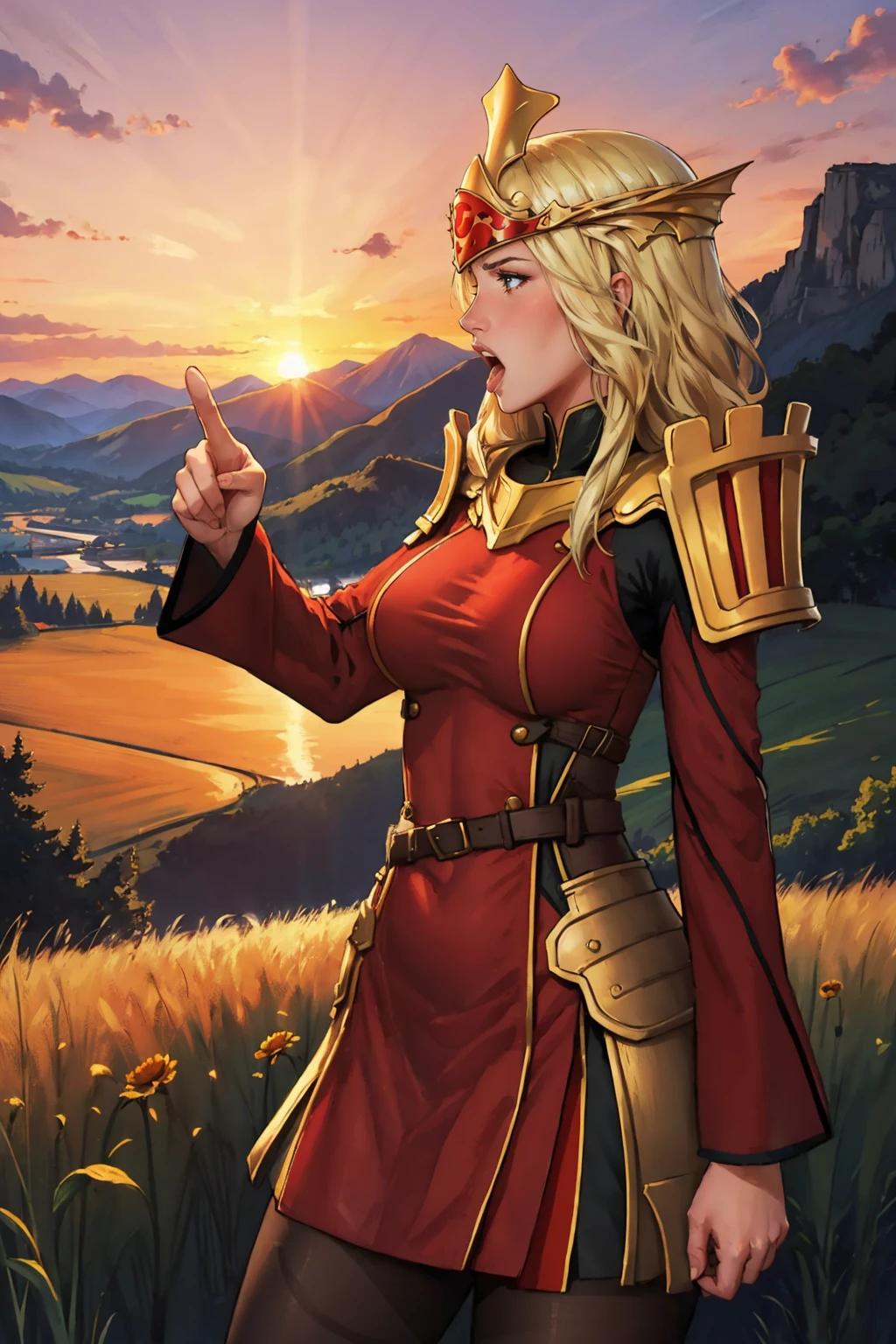 masterpiece, best quality,  <lora:pheros-nvwls-v1-000009:0.8> pheros, helmet, hair over one eye, shoulder armor, red dress, long sleeves, pantyhose, large breasts, yelling, furrowed brow, upper body, pointing, field, mountains, sunset, profile