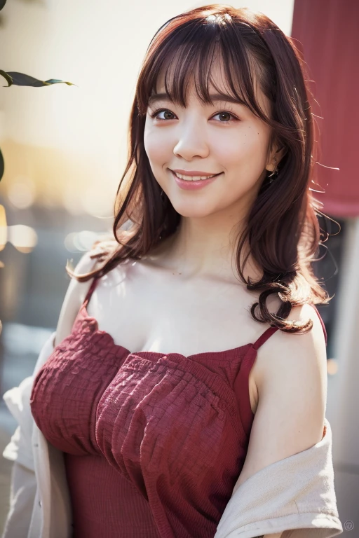 1girl, (red seamless camisole, jacket:1.6),(sleeveless, off shoulder:1.4),(RAW photo, best quality), (realistic, photo-realistic:1.4), masterpiece, an extremely delicate and beautiful, extremely detailed, 2k wallpaper, Amazing, finely detail, extremely detailed CG unity 8k wallpaper, ultra-detailed, highres, soft light, beautiful detailed girl, extremely detailed eyes and face, beautiful detailed nose, beautiful detailed eyes,(cinematic lighting:1.4),(in the city:2.4),perfect anatomy,(slender body:1.6),(close up face:2.0),(smile,friendly, warm:2.0),(looking at viewer:1.8),(japanese idol:1.8),(wavy long hair:1.8), (brown eyes:1.8),(dynamic posing:1.8), <lora:itouayasa_lora-13:0.8>