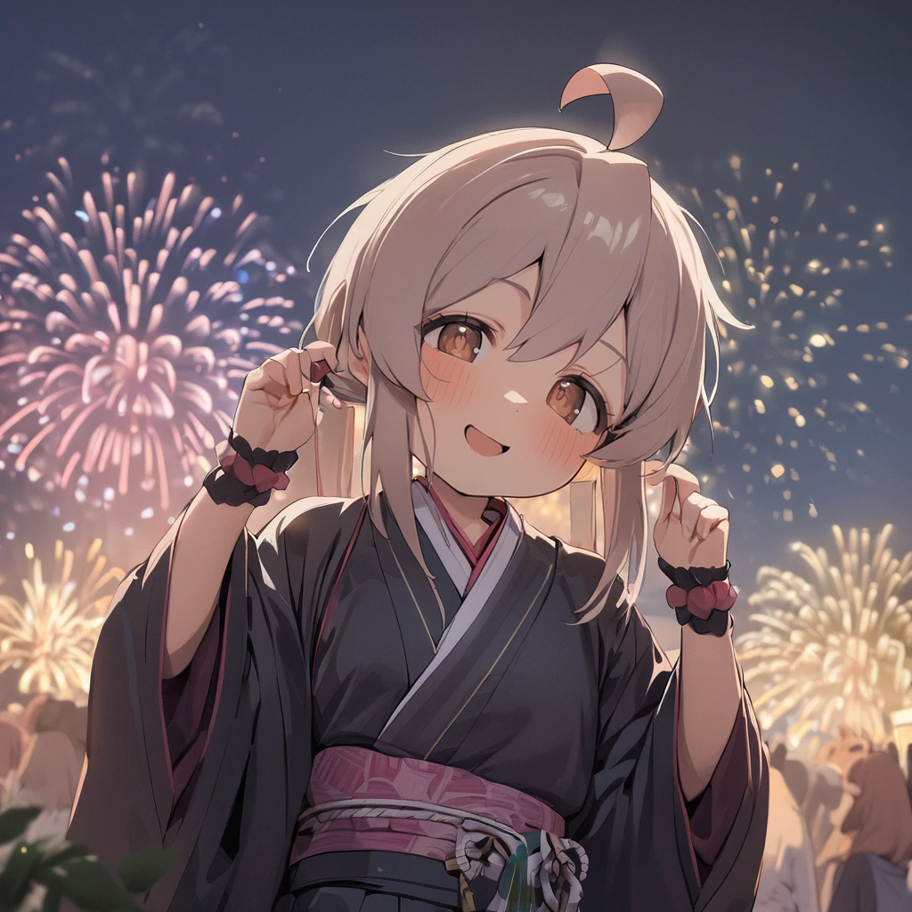 1girl, oyama mahiro, wearing kimono, fireworks, ahoge, looking at viewer, masterpiece, latest, best quality, rating: general <lora:mahiro_xl_a3-000009:1>
