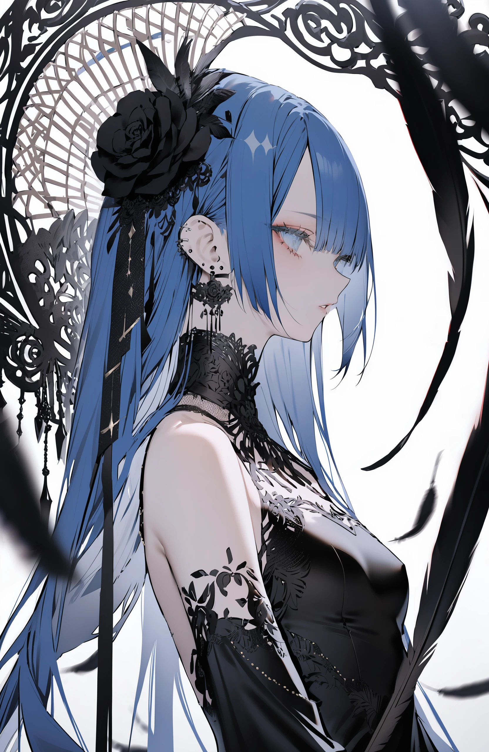 masterpiece, best quality,black flower, 1girl, long hair, solo, blue hair, flower, black rose, hair ornament, hair flower, jewelry, bangs, upper body, from side, earrings, breasts, profile, dress, black dress, white background, parted lips, black feathers, feathers, blue eyes, ear piercing, rose, very long hair, piercing, simple background, small breasts, bare shoulders, eyelashes
////////, <lora:kotrou020kohakuY128DIM-000082:1>