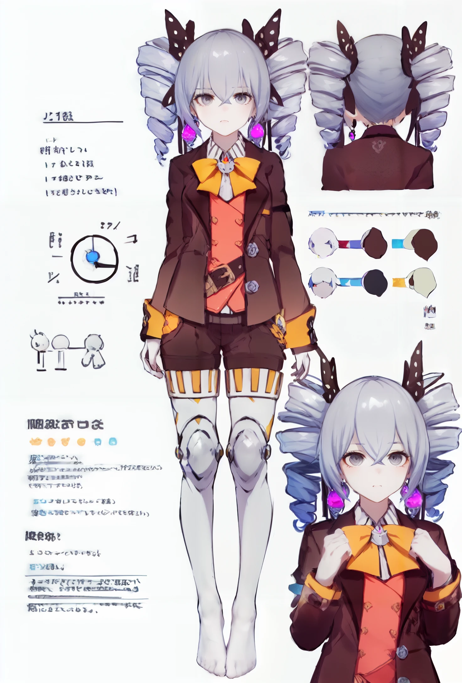 multiple views,pencil sketch,(sketch:1.25),(little girl,small breasts,),((no shoes)),shy,best quality,graphite \\(medium\\),ske,gradient,rainbow,note,Line draft,highres,absurdres,(ultra-detailed:1.1),(illustration:1.1),(infographic:1.2),pajamas,(all clothes configuration:1.15),(solo),perfectly drawn hands,standing,cohesive background,paper,action,(character design:1.1),
<lora:liming-v100:0.8>,yinlang,1girl,bronya zaychik,earrings,jewelry,grey eyes,drill hair,bangs,brown jacket,twin drills,
<lora:nai3lora:0.45>,nai3,