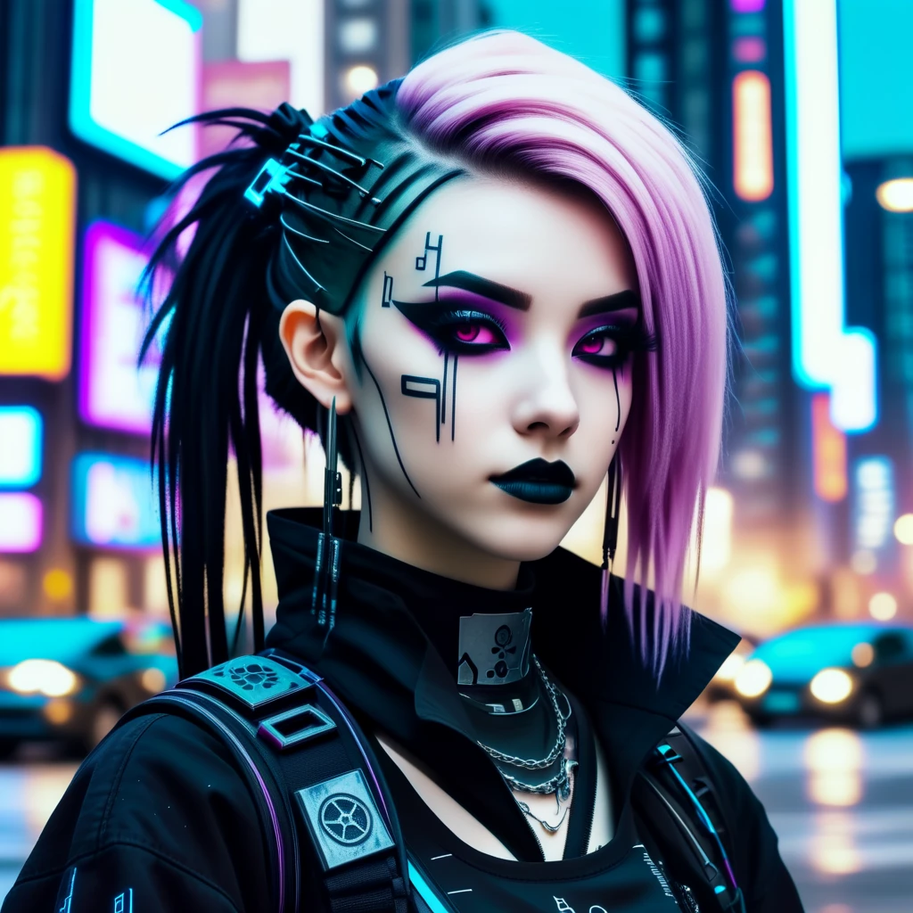 cyberpunk waifu with ~*~aesthethic~*~ and beautiful scenegirl hairstyle with goth makeup