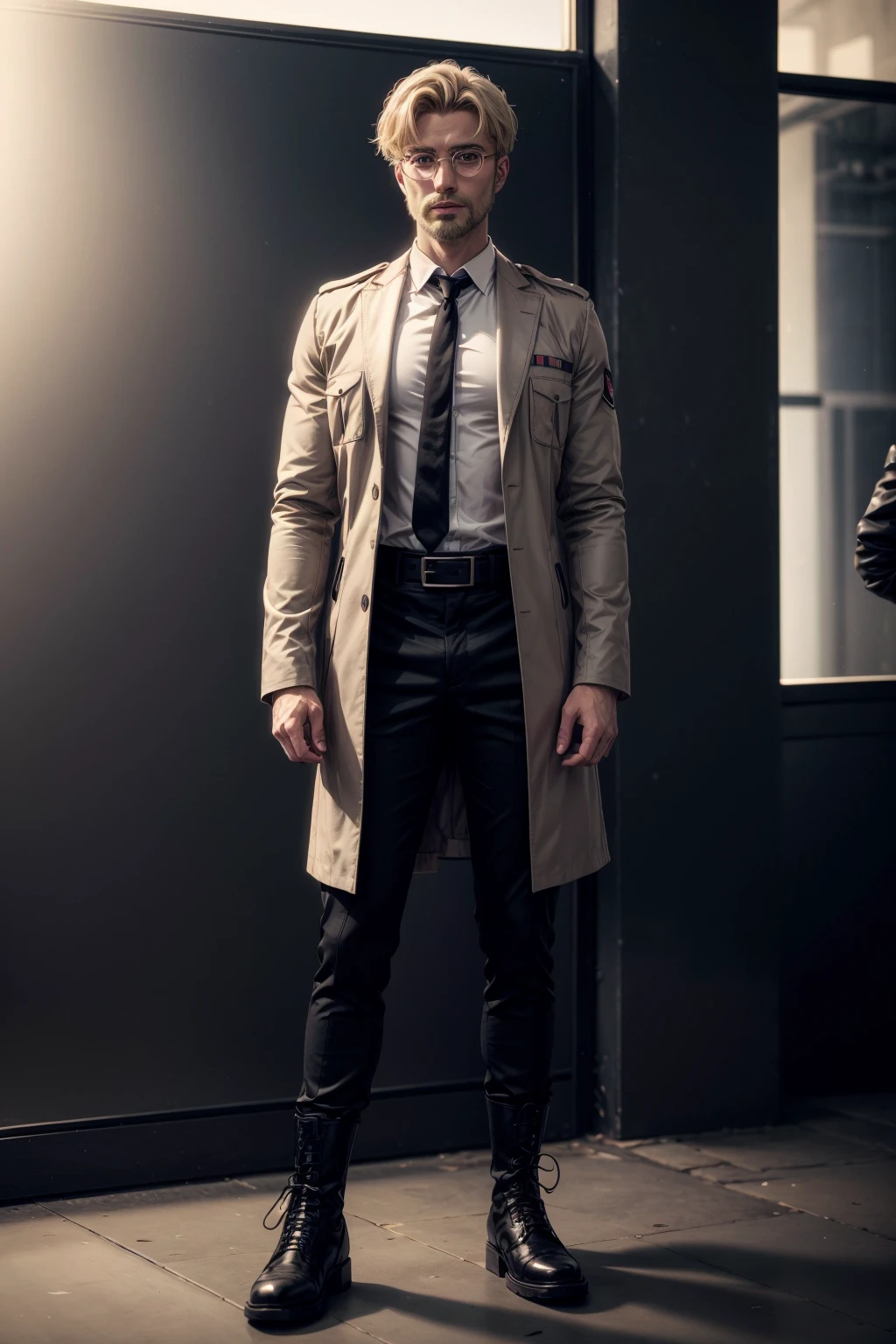 zeke jaeger,  solo,  looking at viewer,  blonde hair,  simple background,  shirt,  long sleeves,  1boy,  standing,  full body,  white shirt,  male focus,  boots,  necktie,  glasses,  collared shirt,  belt,  black footwear,  uniform,  coat,  hand on hip,  military uniform,  facial hair,  black background,  armband,  black necktie,  beard,  black-framed eyewear,  black belt,<lora:EMS-93-EMS:1.000000>,<lora:EMS-266012-EMS:0.600000>