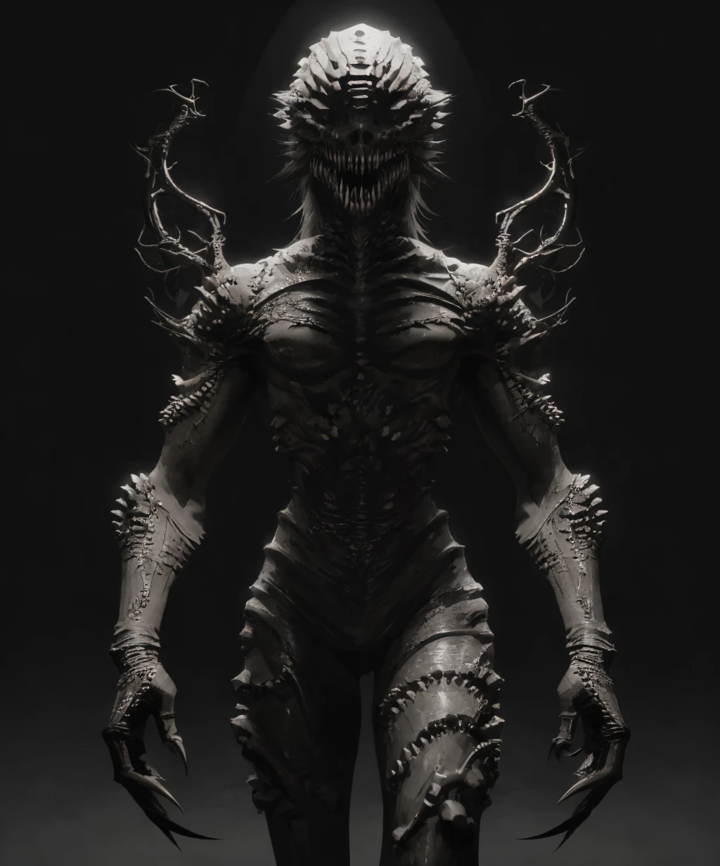 (Award-winning masterpiece:1.5), (incredible detail), (hyper realistic:1.4), (whole body:1.7), (pale skin stretched over sharp bones), (odor of decay), (creature advancing with terrifying speed), (sharp claws gleaming in lantern light), (dark forest), (dramatic lighting), (intricate details:1.1)