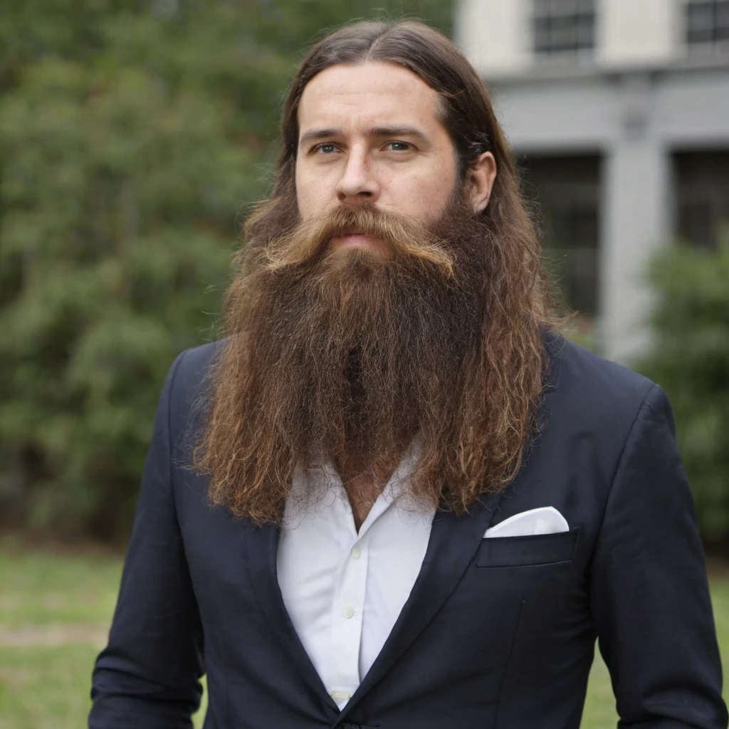 a man with long flowing hair and a big beard wearing a suit, outside <lora:Cruz'sBeard:0.6>