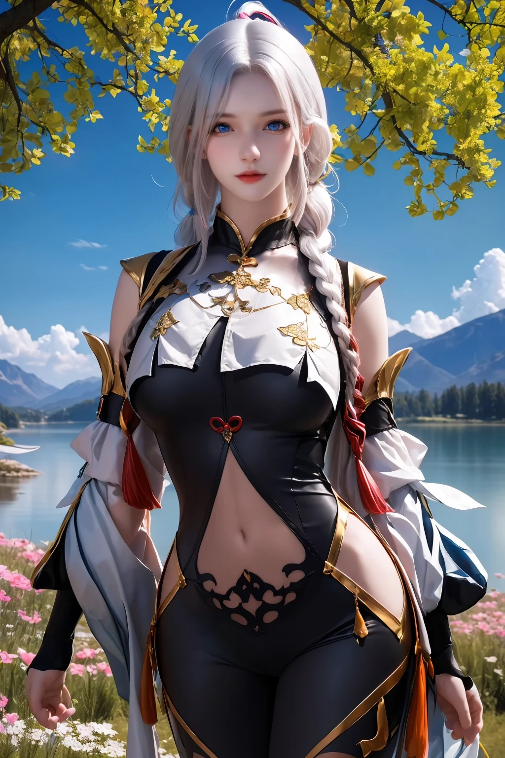 realistic, 1girl, white hair, purple eyes, glowing eyes, crop top, skirt, parted lips, blush, night, flowers, sun, sunlight,