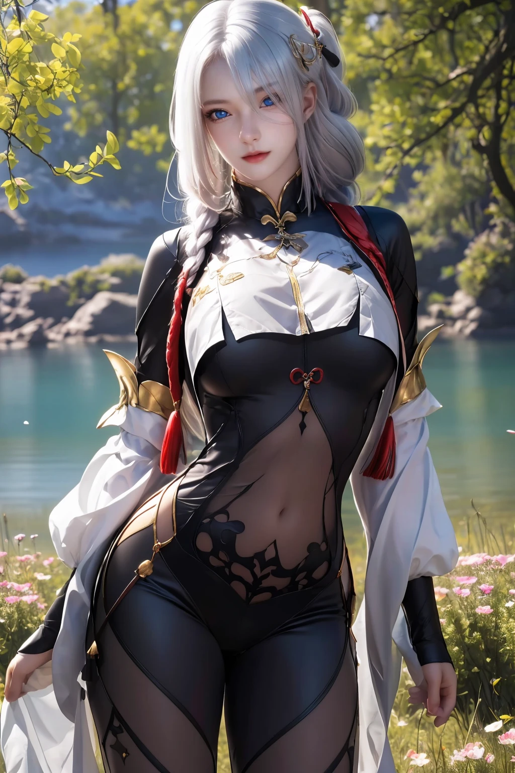 <lora:shen_09:0.8>,extremely detailed CG unity 8k wallpaper,best quality,realistic,world masterpiece,(highres, ultra detailed,8K),(extreme low camera),shen,1girl,white hair,blue_eyes,hair_ornament,tights,1 hair above an eye,long hair,