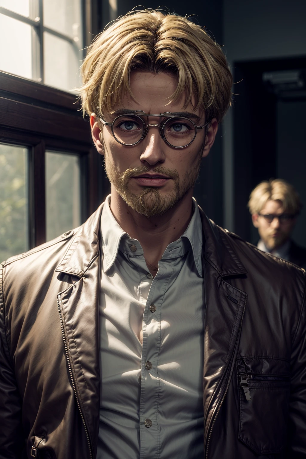 zeke jaeger,  short hair,  blonde hair,  shirt,  black hair,  jacket,  white shirt,  male focus,  glasses,  solo focus,  collared shirt,  blurry,  looking at another,  facial hair,  beard,  brown jacket,  scene reference,<lora:EMS-93-EMS:1.000000>,<lora:EMS-266012-EMS:0.600000>