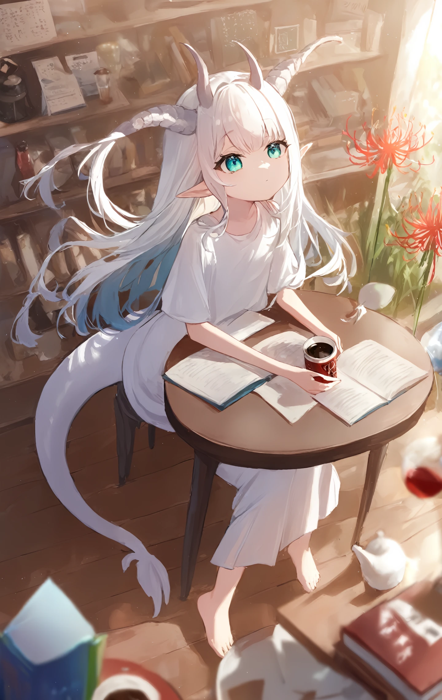 1girl, solo,
wings, spider lily, flower, pointy ears, tail, dragon tail, dynamic angle, white dress, long skirt, barefoot, dragon tail, dragon horns, dragon wings, cafe, depth of field, table.
In a quaint café imbued with the aroma of fresh coffee, a beguiling young maiden sits, her presence an ethereal blend of fantasy and modernity. Draped in a stylish jacket, T-shirt, and skirt that flirt with the contours of today's fashion, she is not just any patron. From her back sprout dragon wings, unfurled yet at peace, and a dragon tail that coils elegantly around her chair. In her delicate hands, she cradles a bunch of lycoris flowers, their vibrant hue a poetic contrast to her enigmatic aura.t and a bookshelf full of various books, Nearby, one can see a cup placed on a table.
masterpiece, best quality, absurdres, recent, newest, safe, sensitive