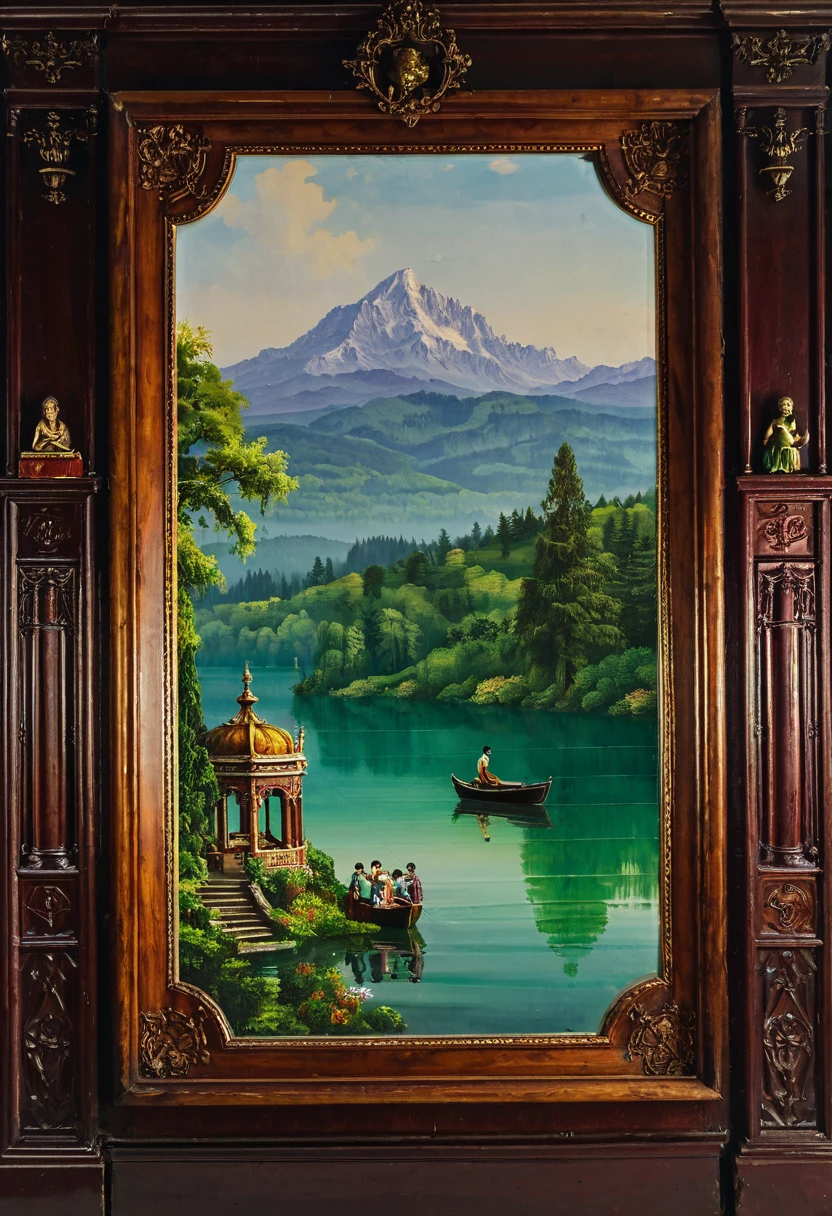 A grand mansion is nestled deep within a dense forest, surrounded by tall trees and lush greenery. The building itself is made of dark wood and stone, with intricate carvings and ornate details that hint at its age and elegance. A winding path leads from the front door to a small dock on the edge of a tranquil lake, where a wooden rowboat waits patiently for its next occupant. The water is crystal clear, reflecting the vibrant colors of the surrounding foliage like a mirror. In the background, an elegant oil painting depicts a serene landscape with rolling hills and a distant mountain range, painted in rich hues of gold, green, and blue. The scene is framed by ornate moldings and hung on a wall made of polished wood, adding to the overall sense of grandeur and sophistication.