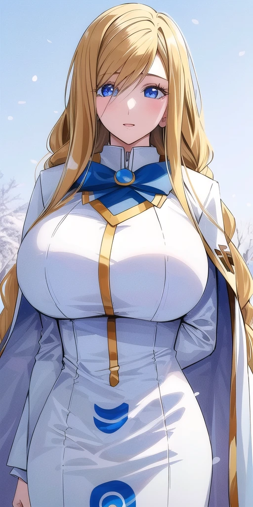 <lora:florence_aliciaV2:0.7> florence_alicia, huge_breasts, standing, solo, Winter_aria_company_uniform_White_long_dress_White_capelet_Blue_bowtie_Long_sleeves_high_collar_Side_slit,, masterpiece, best quality, detailed face, detailed eyes, highres,