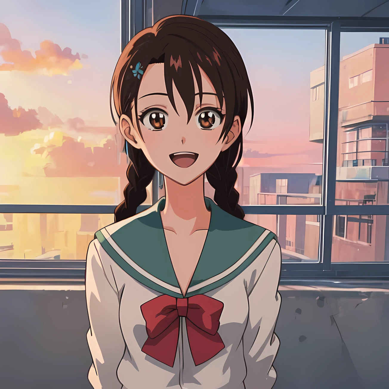 sakuno-1, hairpin, masterpiece, best quality, school uniform, 1girl, outside, window, day, sunlight, backlighting, open mouth, two braids, front, looking at viewer, smile