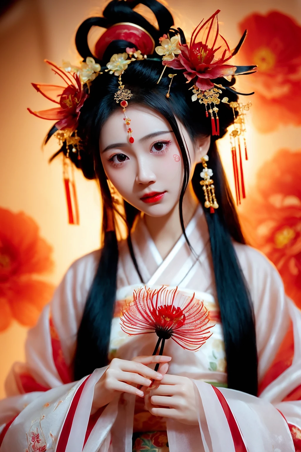 1girl,solo,flower,hair ornament,chinese clothes,forehead mark,hair flower,spider lily,facial mark,jewelry,holding,hanfu,black hair,realistic,earrings,holding flower,long hair,looking at viewer,red flower,long sleeves,red lips,brown eyes,blurry,hair stick,brown hair,lips,upper body,