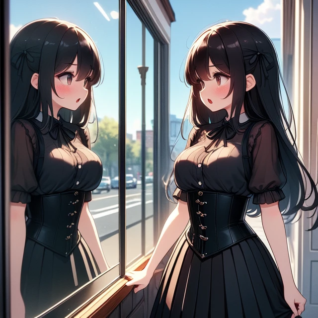 (((masterpiece))), (((best quality))), (((looking window glass))), ((mirror)), black longhair, ribbon, big tits, corset, black pleated shirt, button skirt, sweat, ribbon, brown longhair, suprise, open mouth, shy, blush, sidewalk, walking, <lora:girllikeshowcaseglass:1>