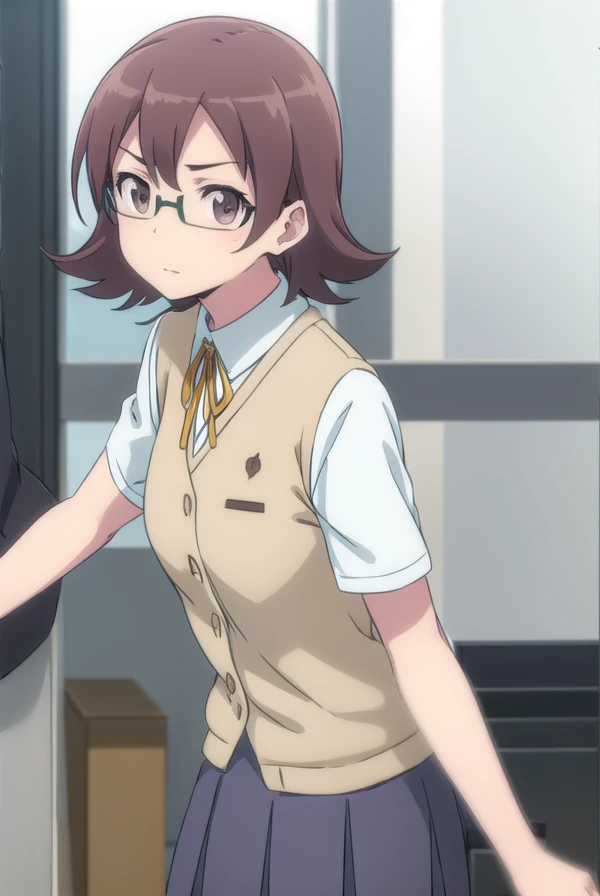 Yuriko Aoki, Yuriko Aoki, Short hair, Brown hair, bangs, (Yellow eyes:1.5), Glasses,
BREAK skirt, shirt, Short sleeves, Pantyhose, Black pantyhose, frilld,
BREAK looking at viewer, 
Break indoors,
Break (Masterpiece:1.2), Best quality, high resolution, Unity 8k wallpaper, (illustration:0.8), (Beautiful detailed eyes:1.6), Extremely detailed face, Perfect lighting, Extremely detailed CG, (Perfect hands, Perfect ???????),