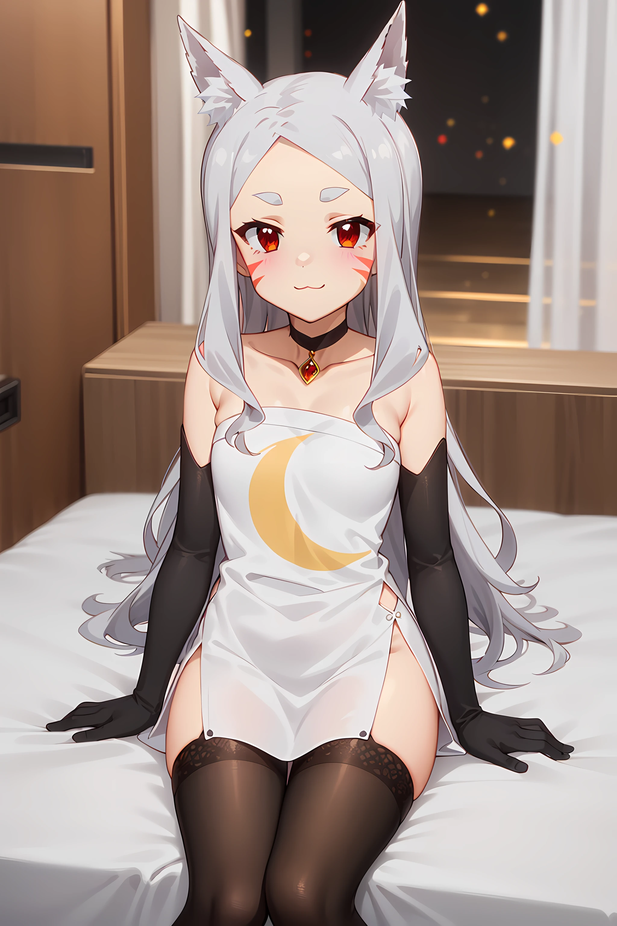 best quality, masterpiece, detailed,
<lora:SewayakiKitsune_Shiro:0.8>, KitsuneShiro,
1girl, light smile, :3, closed mouth,
grey hair, red eyes, long hair, fox ears, fox tail, whisker markings, thick eyebrows,
ShiroDress, white dress, crescent print, (shawl:1.2), choker, jewelry, black thighhighs, elbow gloves,
sitting, looking at viewer,
indoors, bed