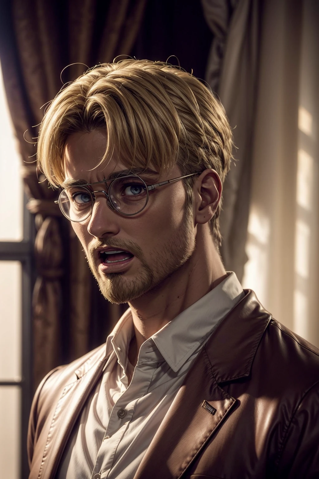 zeke jaeger,  solo,  looking at viewer,  open mouth,  blonde hair,  shirt,  1boy,  male focus,  glasses,  collared shirt,  indoors,  window,  facial hair,  parody,  curtains,  portrait,  beard,  backlighting,  brown jacket,<lora:EMS-266012-EMS:0.600000>,<lora:EMS-93-EMS:1.000000>