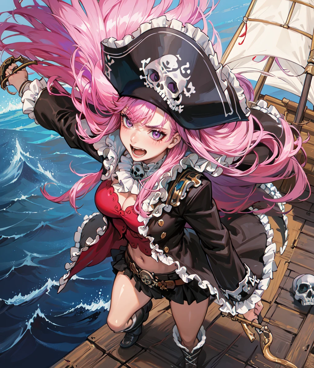 ((1 pirate octopus woman, with bare chest, a tentacle coming out of her pussy)),((big breasts)),((very large pubic hair)),((big pink hair)),((pink eyes, smile )),((facing the viewer)),((on a pirate ship, at sea during the day)),