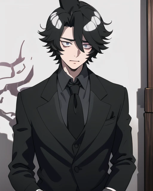 absurdres, perfect shadows and lighting, detailed background, masterpiece, high quality, detailed, extremely detailed, ambient soft lighting, 4K, (frustrated)1.0, (diviner)1.0, (court)1.0, boy in black unbuttoned suit, unbuttoned jacket, necktie, messy spiky hair, detaled eyes, Dorsal fin, detailed eyes