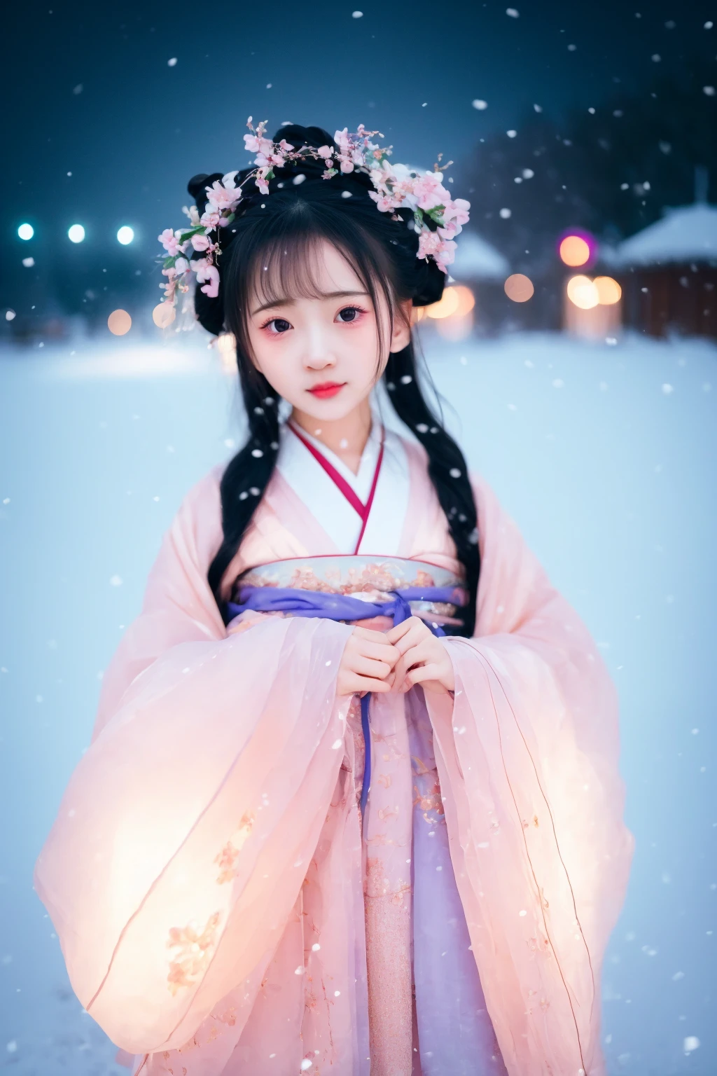 1girl,solo,photorealistic,hanfu,make happy expressions,clear sharp focus,Megapixel,highres,8k,masterpiece,best quality,Cute,Pastel,Lovely,Kawaii,Dreamy,outdoors,nighttime snow scene with tree hanging,small face,looking at viewer,bangs,black eyes,lips,