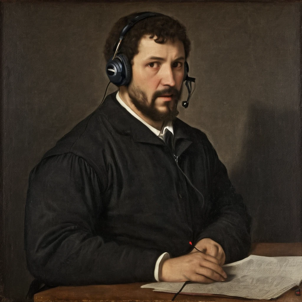 Painting of detailed of office worker with headset AH_Titian <lora:Paintings_by_Titian_-_Venetian_Renaissance:1>