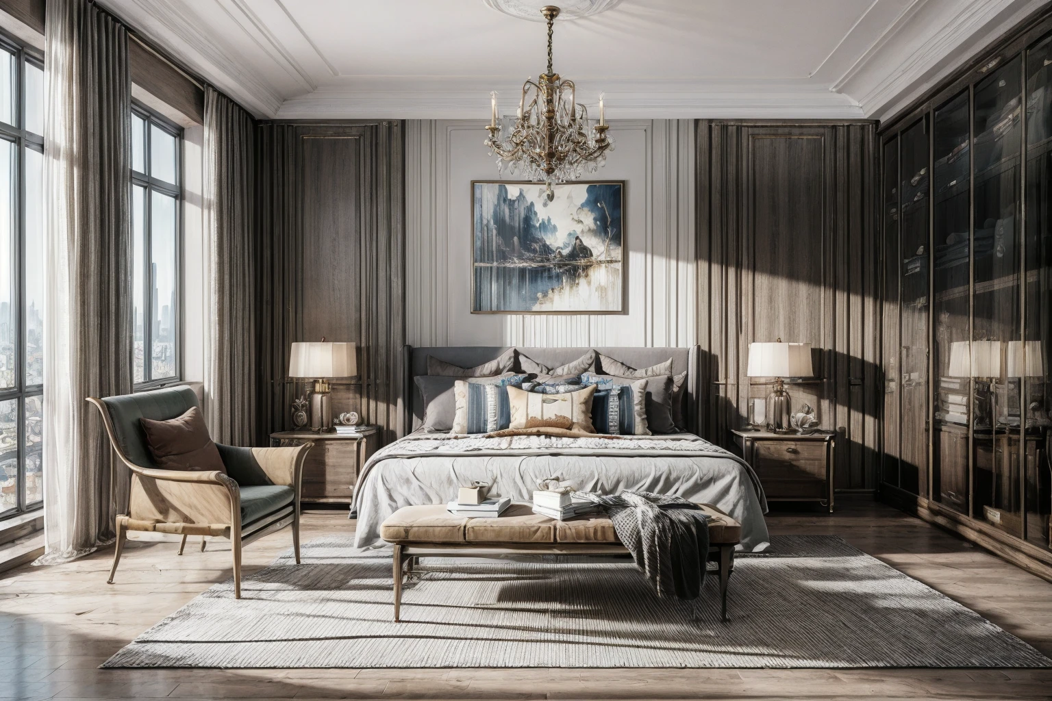 lamp,chair,pillow,table,indoors,book,couch,bed,carpet,ceiling light,building,sky,cushion,rug,curtains,masterpiece,best quality,unreal engine 5 rendering,movie light,movie lens,movie special effects,detailed details,HDR,UHD,8K,CG wallpaper
