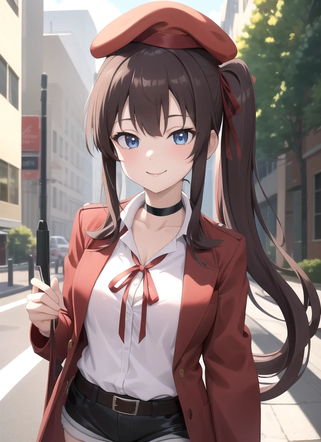 ((masterpiece)),(best quality),official art,extremely detailed CG,unity 8k wallpaper,ultra detailed,beautiful detailed eyes,extremely detailed face,1girl,solo,upper body,(portrait:1.2),looking at viewer,female commander (girls' frontline),termichan (not-a-bot),smile,red beret,very long hair,brown hair,side ponytail,one side up,red headwear,bangs,blue eyes,choker,fur trim,red jacket,open jacket,white shirt,red ribbon,shirt ribbon,large breasts,cleavage,short shorts,black shorts,shorts rolled up,black thighhighs,belt,loafers,<lora:Female-Command(remake):1>,