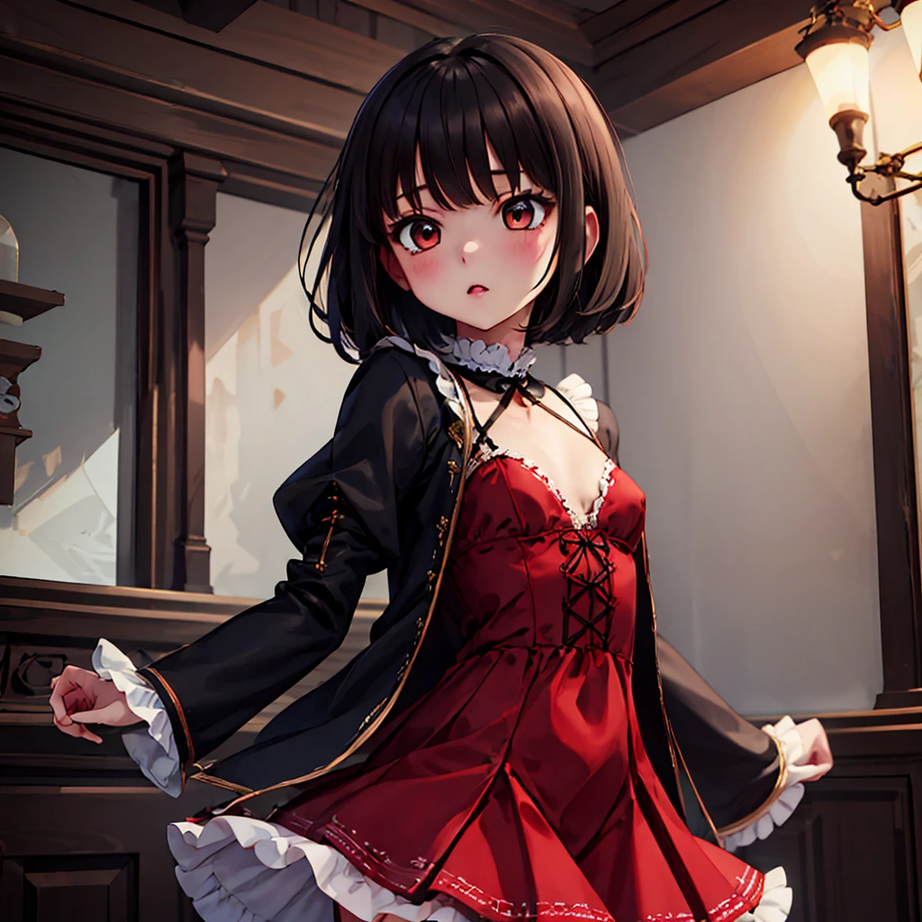 masterpiece,best quality,Ultra detailed,1girl,<lora:FairyGirl-000005:0.8>,FairyGirl,teenager,black hair,short hair,small_breasts,cross-laced clothes,juliet sleeves,open jacket,frilled dress,red dress,open clothes,frill,(black jacket:0.9),Dancing.,