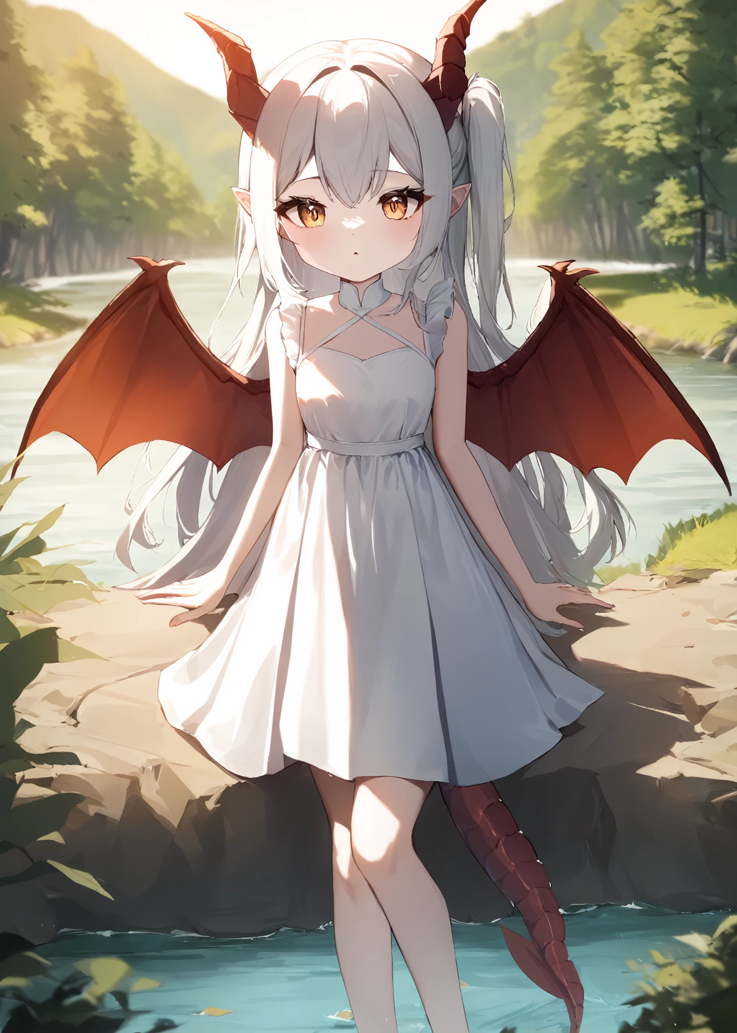 1girl,
solo, dragon girl, dragon tail, dragon wings, dragon horns, white dress, long hair, side up, river, tree, forest,
masterpiece, best quality, absurdres, highres, recent, newest, sensitive