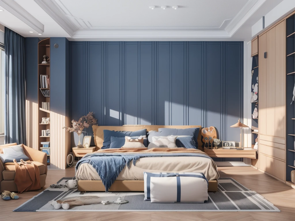 Children's room, son's room,lamp,chair,pillow,table,indoors,book,couch,bed,carpet,ceiling light,building,sky,cushion,rug,curtains,masterpiece,best quality,unreal engine 5 rendering,movie light,movie lens,movie special effects,detailed details,HDR,UHD,8K,CG wallpaper
